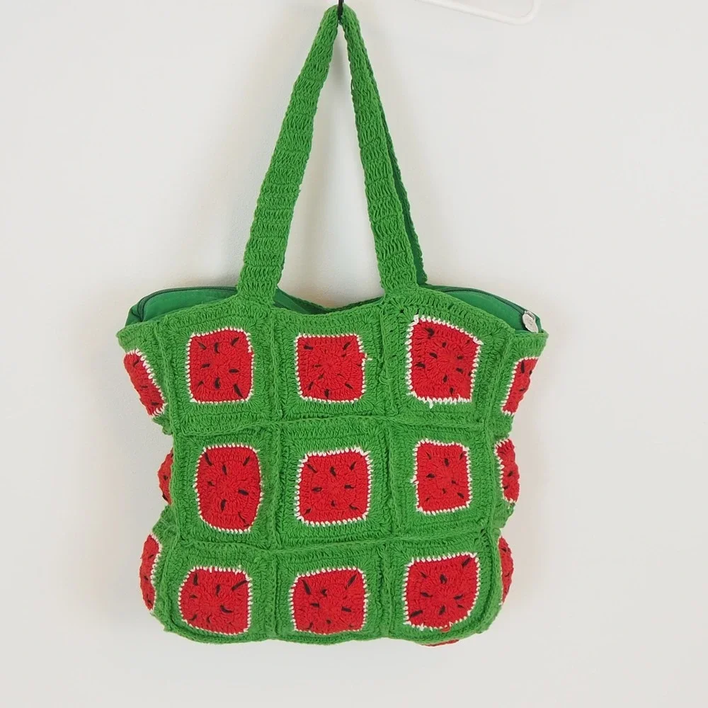 AMERICA & BEYOND Crochet Granny Square Watermelon Tote Bag Summer Beach Cottage‎